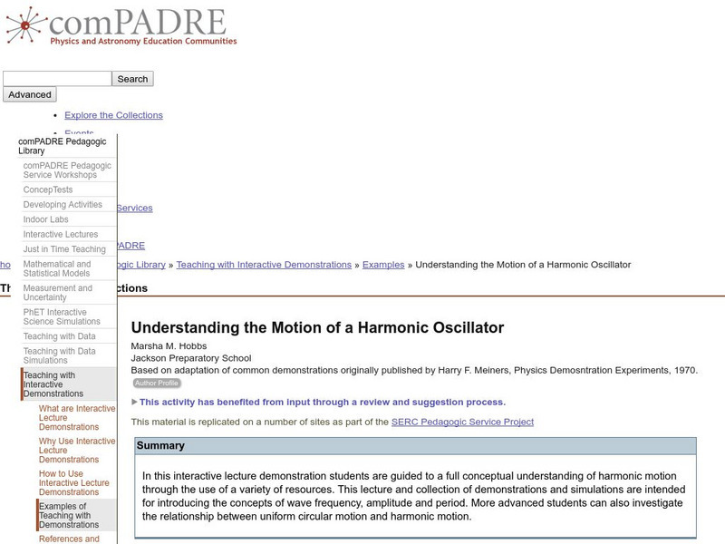 Serc: Understanding the Motion of a Harmonic Oscillator Lesson Plan Serc: Understanding the Motion of a Harmonic Oscillator Lesson Plan