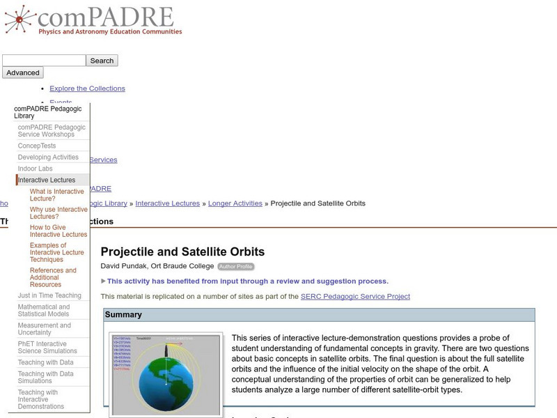 Serc: Projectile and Satellite Orbits Lesson Plan Serc: Projectile and Satellite Orbits Lesson Plan