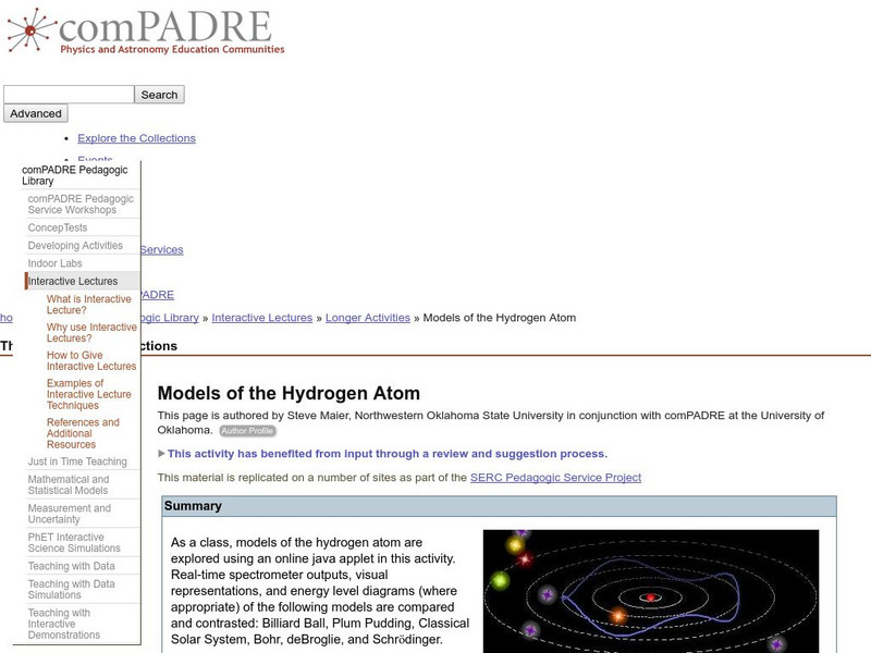 Serc: Models of the Hydrogen Atom Lesson Plan Serc: Models of the Hydrogen Atom Lesson Plan