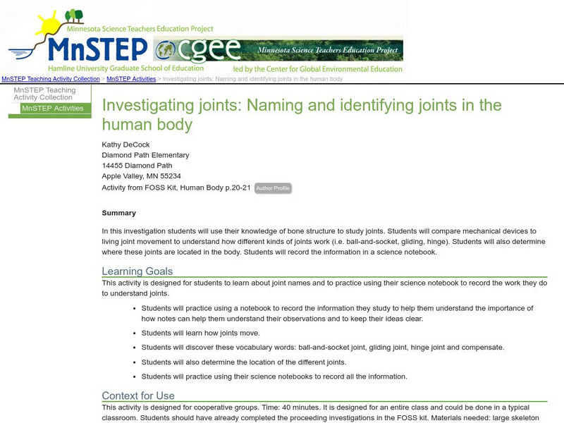 Serc: Investigating Joints: Naming and Identifying Joints in the Human Body Lesson Plan Serc: Investigating Joints: Naming and Identifying Joints in the Human Body Lesson Plan