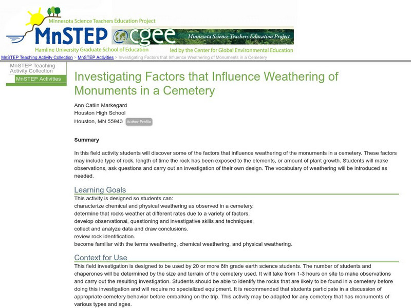 Serc: Investigating Factors That Influence Weathering of Monuments in a Cemetery Lesson Plan Serc: Investigating Factors That Influence Weathering of Monuments in a Cemetery Lesson Plan