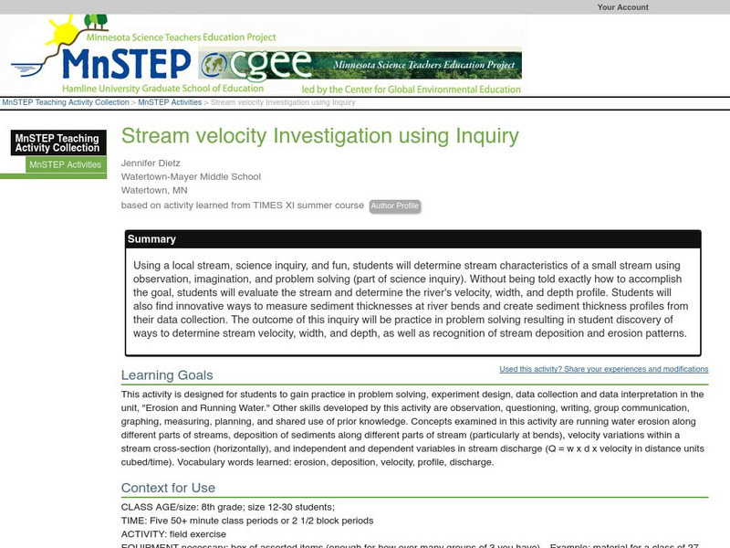 Serc: Mn Step: Stream Velocity Investigation Using Inquiry Lesson Plan Serc: Mn Step: Stream Velocity Investigation Using Inquiry Lesson Plan