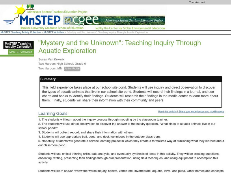 Serc: "Mystery and the Unknown": Teaching Inquiry Through Aquatic Exploration Lesson Plan Serc: "Mystery and the Unknown": Teaching Inquiry Through Aquatic Exploration Lesson Plan