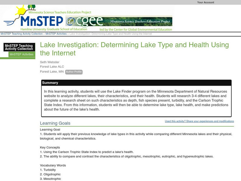 Serc: Lake Investigation: Determining Lake Type and Health Using the Internet Lesson Plan Serc: Lake Investigation: Determining Lake Type and Health Using the Internet Lesson Plan