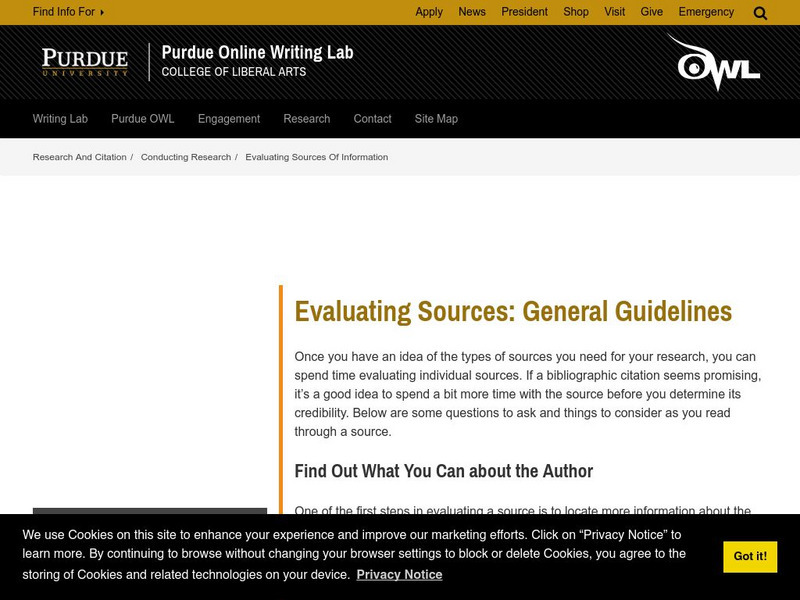 Purdue University Owl: Evaluating Sources: General Guidelines Handout Purdue University Owl: Evaluating Sources: General Guidelines Handout