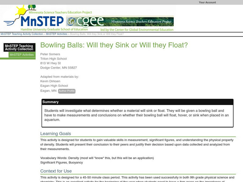 Serc: Bowling Balls: Will They Sink or Will They Float? Lesson Plan Serc: Bowling Balls: Will They Sink or Will They Float? Lesson Plan