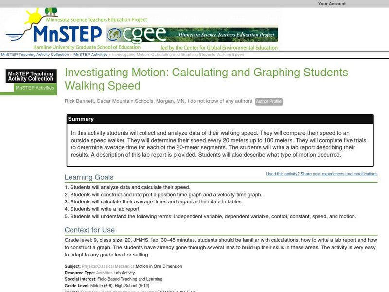 Serc: Investigating Motion: Calculating and Graphing Students Walking Speed Lesson Plan