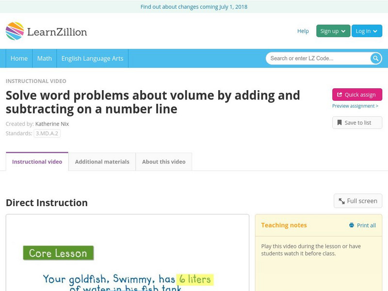 Learn Zillion: Solve Word Problems About Volume Using Number Line Instructional Video