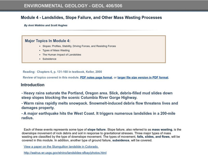 Idaho State University: Landslides, Slope Failure, Other Mass Wasting Processes Unit Plan Idaho State University: Landslides, Slope Failure, Other Mass Wasting Processes Unit Plan
