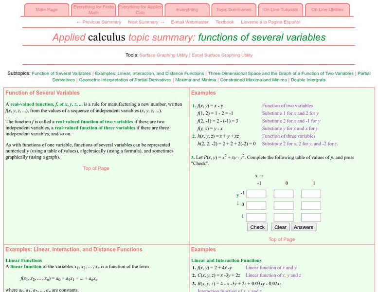 Finite Mathematics & Applied Calculus: Topic Summaries: Functions of Several Variables Activity Finite Mathematics & Applied Calculus: Topic Summaries: Functions of Several Variables Activity