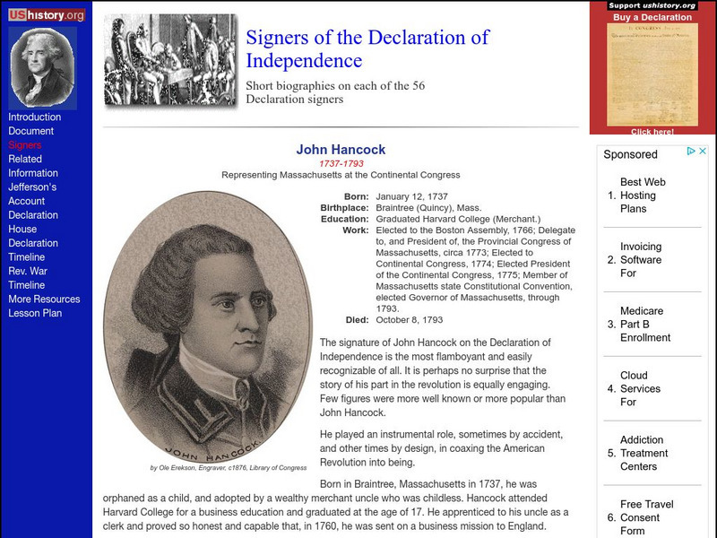 U.s. History: Signers of the Declaration of Independence: John Hancock 1737 1793 Handout U.s. History: Signers of the Declaration of Independence: John Hancock 1737 1793 Handout