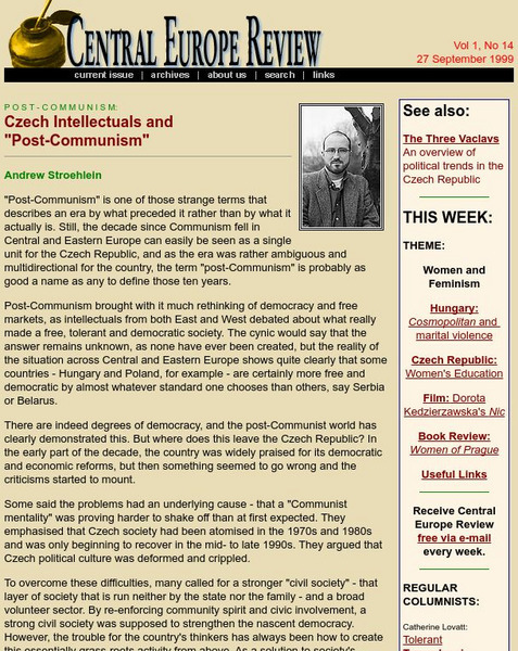 Central Europe Review: Czech Intellectuals and "Post Communism" Article