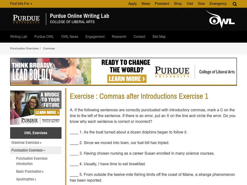 Purdue University Owl: Commas After Introductions, Exercise 1 Unknown Type Purdue University Owl: Commas After Introductions, Exercise 1 Unknown Type