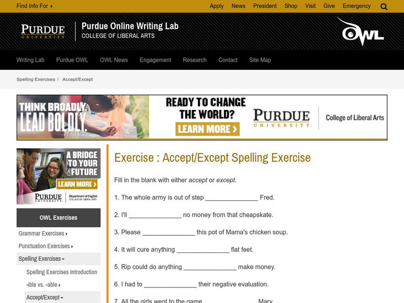 Purdue University Owl: Exercise : Accept/except Spelling Exercise Handout Purdue University Owl: Exercise : Accept/except Spelling Exercise Handout