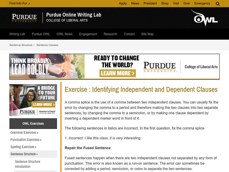 Purdue University Owl: Exercise: Identifying Independent and Dependent Clauses Handout Purdue University Owl: Exercise: Identifying Independent and Dependent Clauses Handout
