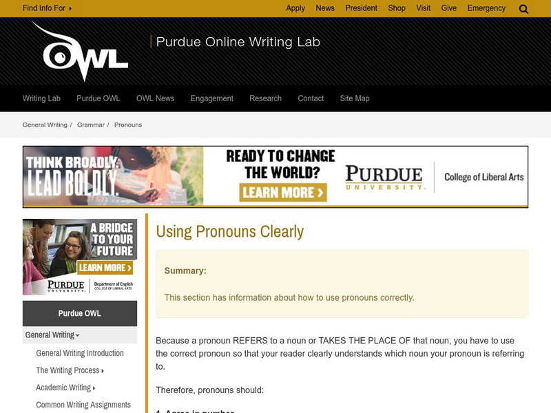 Purdue University Owl: Using Pronouns Clearly Handout Purdue University Owl: Using Pronouns Clearly Handout
