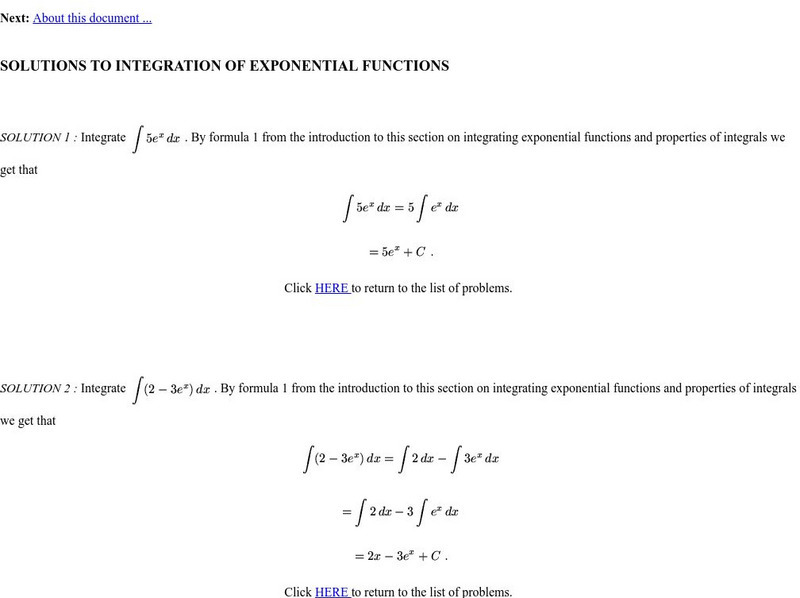 Solutions to Integration of Exponential Functions Activity Solutions to Integration of Exponential Functions Activity