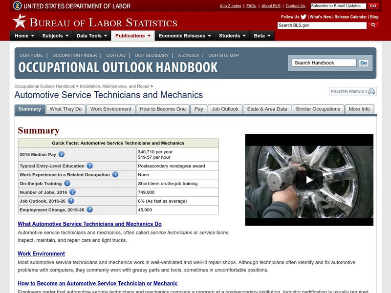 Bureau of Labor Statistics: Automotive Mechanic Handout