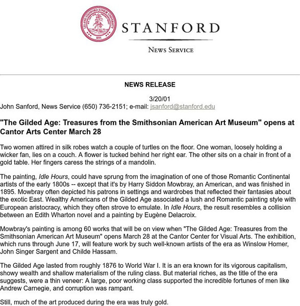 Stanford Univ: Gilded Age Treasures From the Smithsonian Handout Stanford Univ: Gilded Age Treasures From the Smithsonian Handout