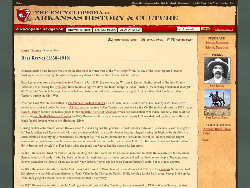 Encyclopedia of Arkansas: Bass Reeves Handout Encyclopedia of Arkansas: Bass Reeves Handout
