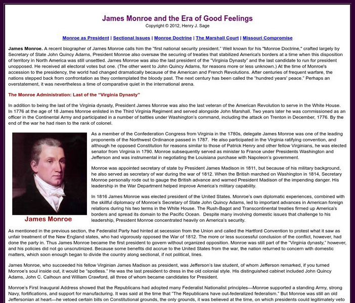 Sage American History: James Monroe and the Era of Good Feelings Handout Sage American History: James Monroe and the Era of Good Feelings Handout