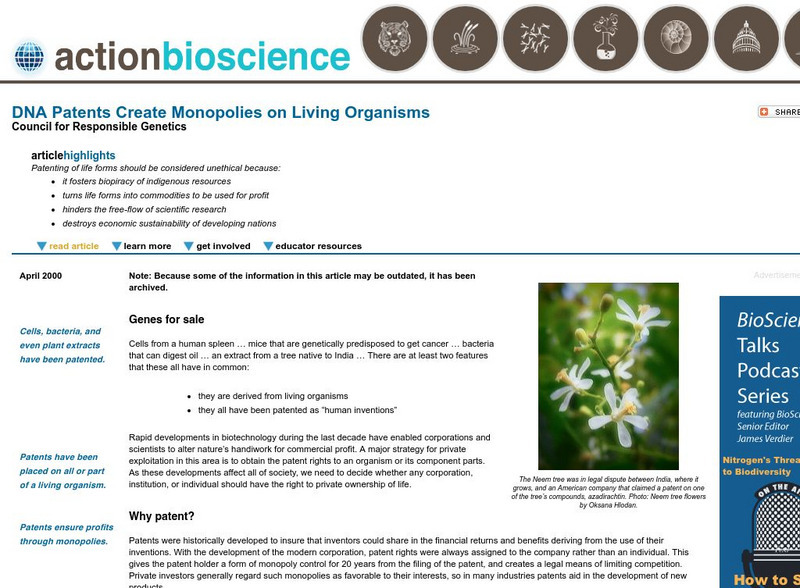 Action Bioscience: Dna Patents Create Monopolies on Living Organisms Article