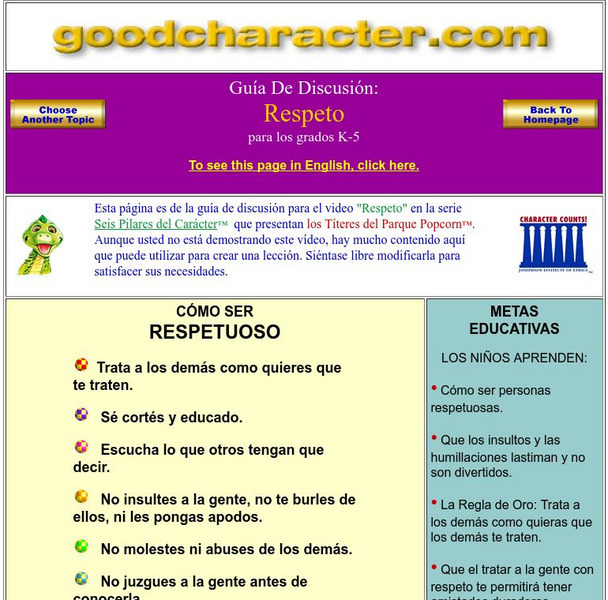 Good Character: The Six Pillars of Character: Respect (Spanish) Lesson Plan Good Character: The Six Pillars of Character: Respect (Spanish) Lesson Plan