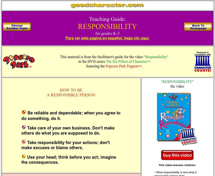Good Character: The Six Pillars of Character: Responsibility Lesson Plan Good Character: The Six Pillars of Character: Responsibility Lesson Plan