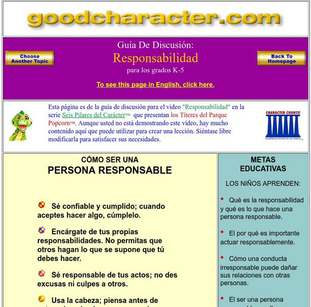 Good Character: The Six Pillars of Character: Responsibility (Spanish) Lesson Plan Good Character: The Six Pillars of Character: Responsibility (Spanish) Lesson Plan