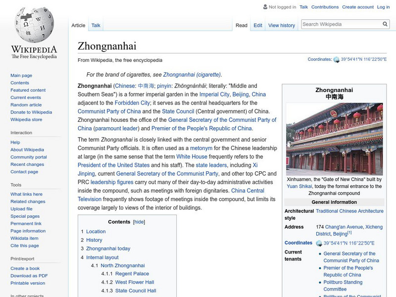 Wikipedia: Zhongnanhai, Beijing, China Handout Wikipedia: Zhongnanhai, Beijing, China Handout