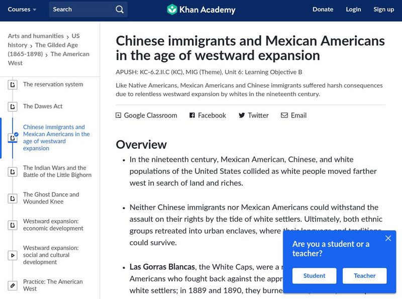 Khan Academy: Ap Us History: 1865 1898: Chinese Immigrants and Mexican Americans Handout Khan Academy: Ap Us History: 1865 1898: Chinese Immigrants and Mexican Americans Handout