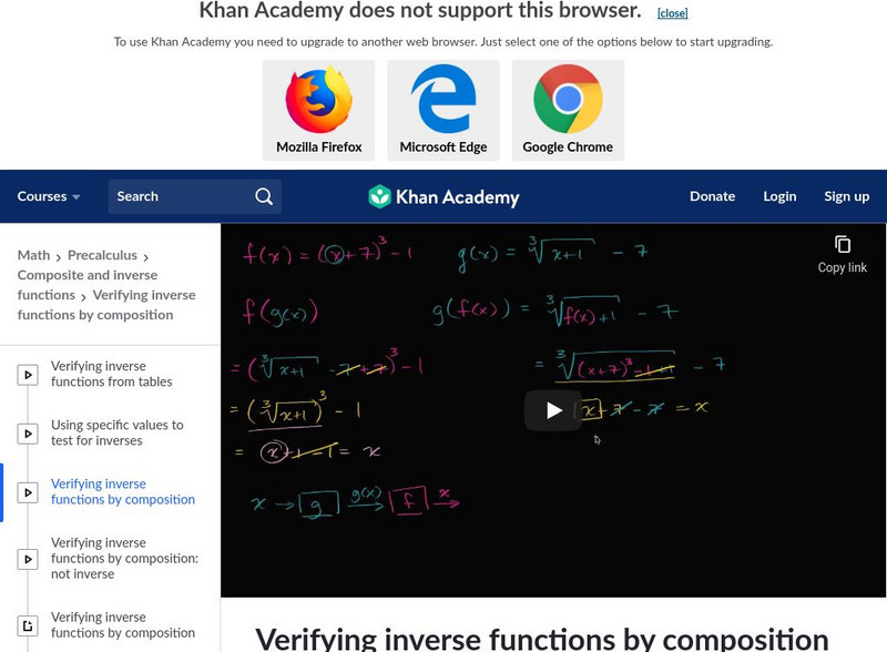 Khan Academy: Verifying Inverse Functions by Composition Instructional Video Khan Academy: Verifying Inverse Functions by Composition Instructional Video