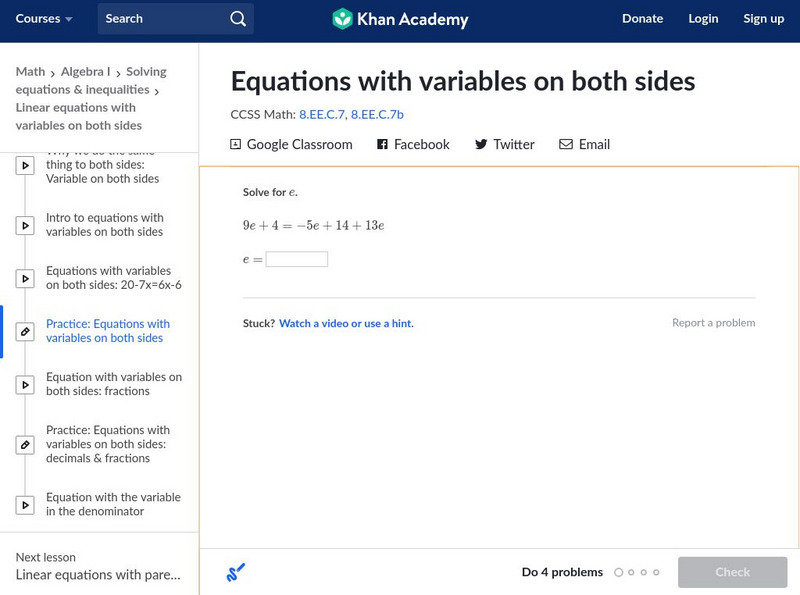 Khan Academy: Equations With Variables on Both Sides Unit Plan