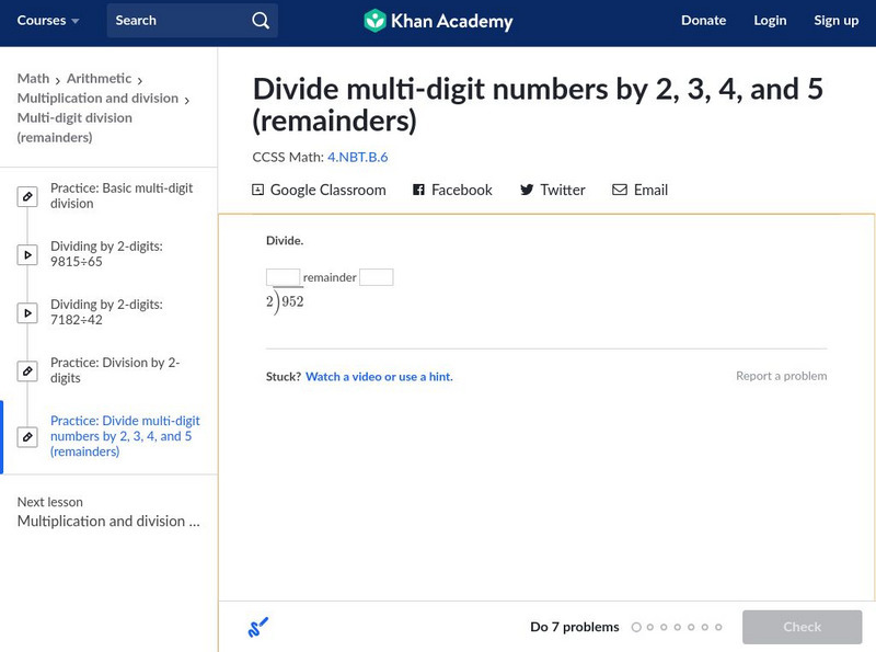 Khan Academy: Divide by 1 Digit Numbers (No Remainders) Unit Plan
