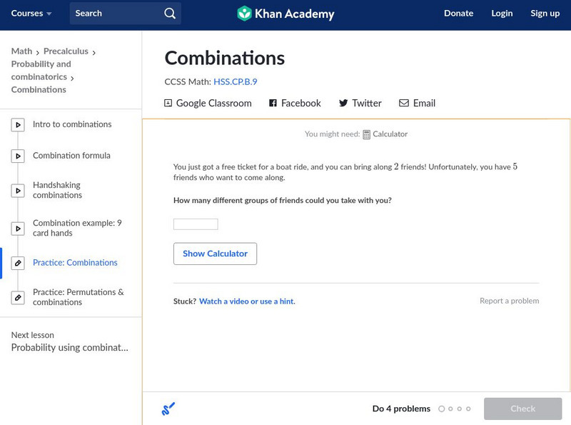 Khan Academy: Probability and Combinatorics: Combinations Unknown Type
