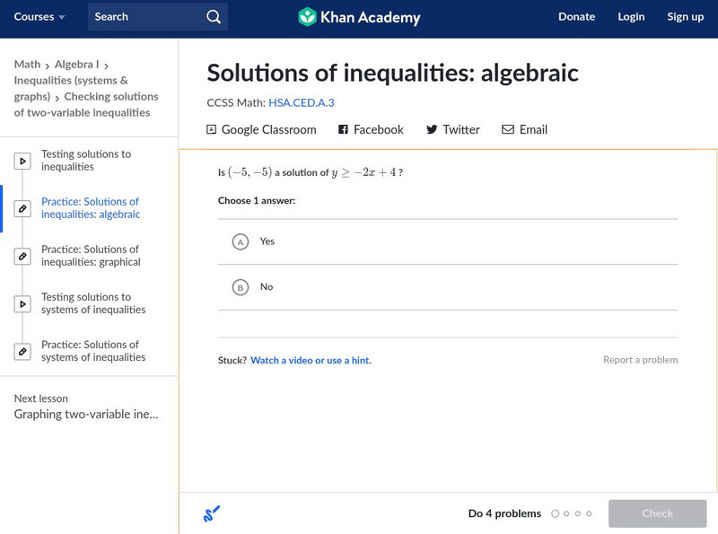 Khan Academy: Solutions of Inequalities: Algebraic Unknown Type Khan Academy: Solutions of Inequalities: Algebraic Unknown Type