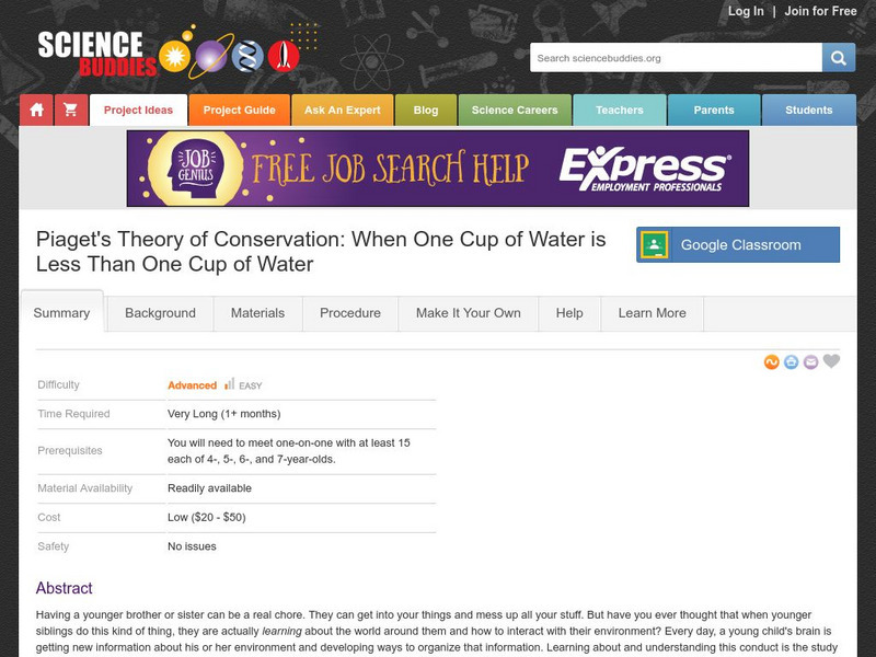 Science Buddies: Piaget's Theory: One Cup of Water Is Less Than One Cup of Water Activity Science Buddies: Piaget's Theory: One Cup of Water Is Less Than One Cup of Water Activity
