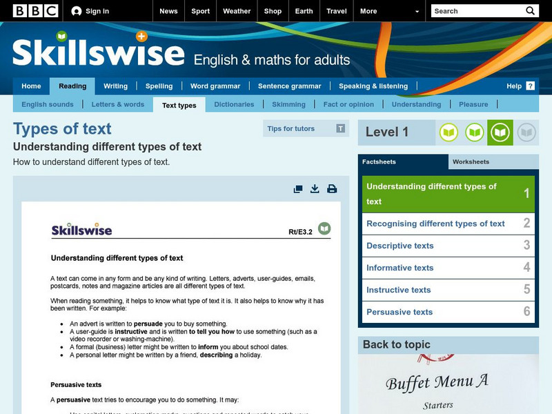 Bbc: Skillswise: Types of Texts Fact Sheets Graphic Bbc: Skillswise: Types of Texts Fact Sheets Graphic