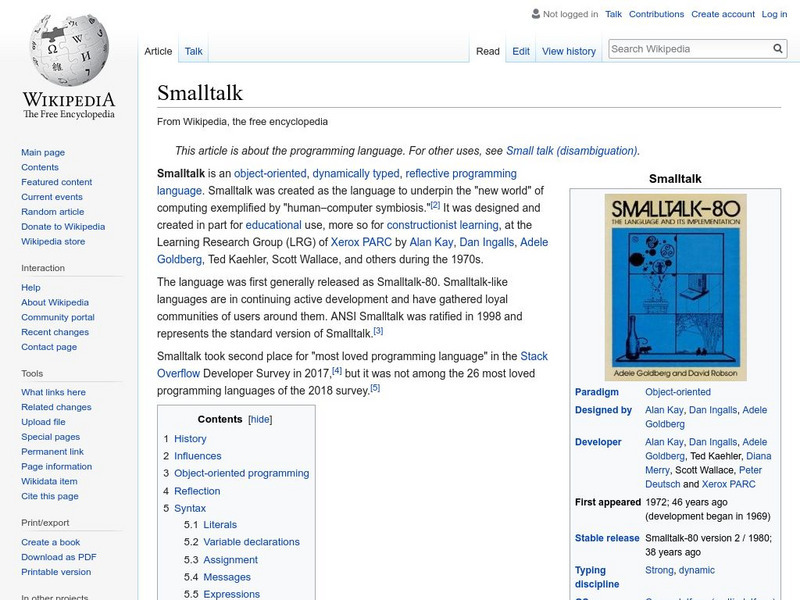 Wikipedia: Smalltalk Programming Language Handout Wikipedia: Smalltalk Programming Language Handout