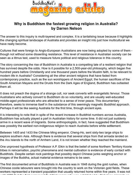 Buddha Net: Why Is Buddhism the Fastest Growing Religion in Australia? Handout Buddha Net: Why Is Buddhism the Fastest Growing Religion in Australia? Handout