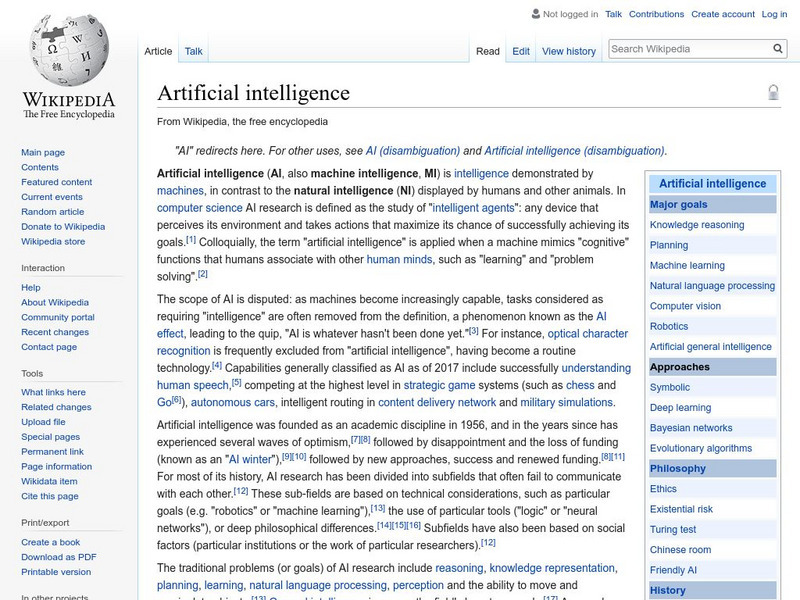 Wikipedia: Artificial Intelligence Handout Wikipedia: Artificial Intelligence Handout