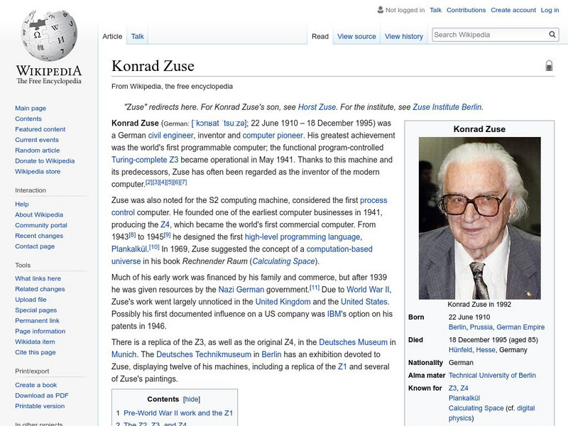 Wikipedia: Konrad Zuse Handout Wikipedia: Konrad Zuse Handout