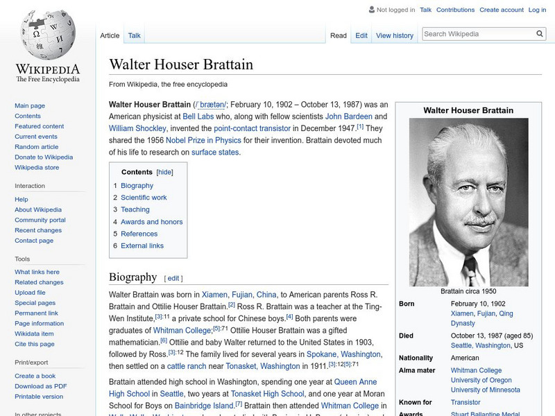 Wikipedia: Walter Houser Brattain Handout Wikipedia: Walter Houser Brattain Handout