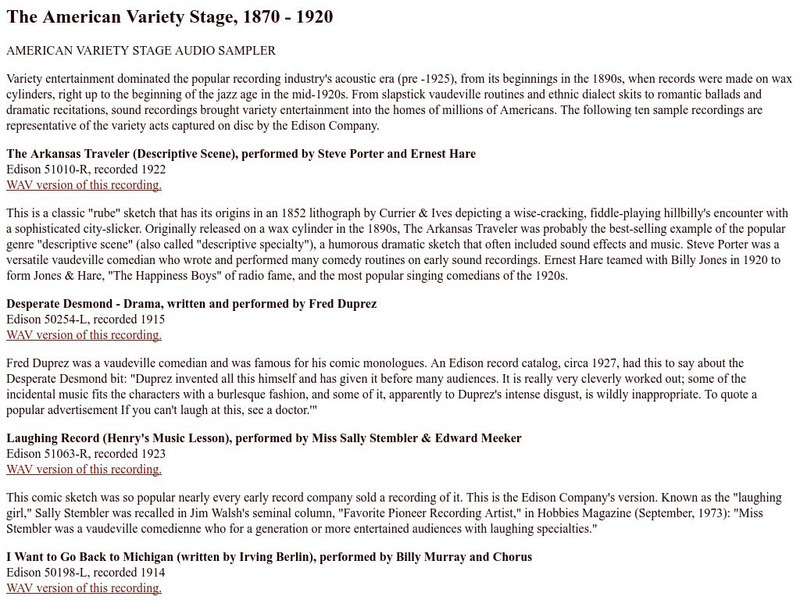 Loc: American Memory: The American Variety Stage Audio Sampler Handout Loc: American Memory: The American Variety Stage Audio Sampler Handout