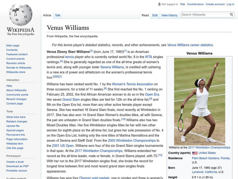 Wikipedia: Venus Williams Handout Wikipedia: Venus Williams Handout