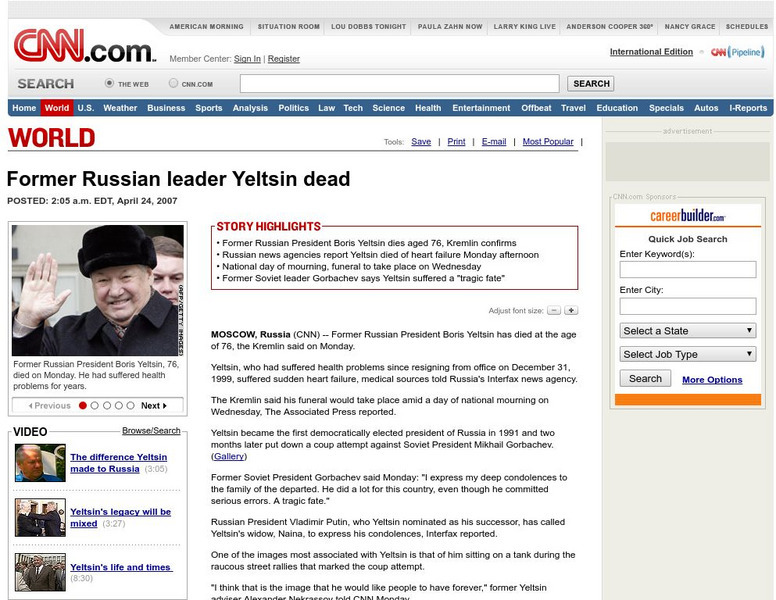 Cnn: Former Russian Leader Yeltsin Dead Article Cnn: Former Russian Leader Yeltsin Dead Article