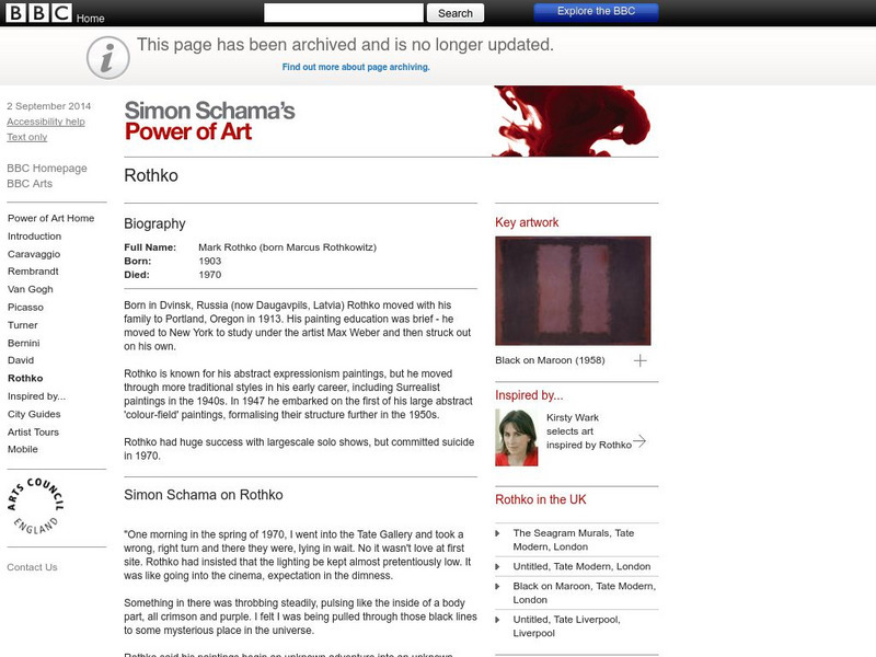 Bbc: Simon Schama's Power of Art: Rothko Handout Bbc: Simon Schama's Power of Art: Rothko Handout