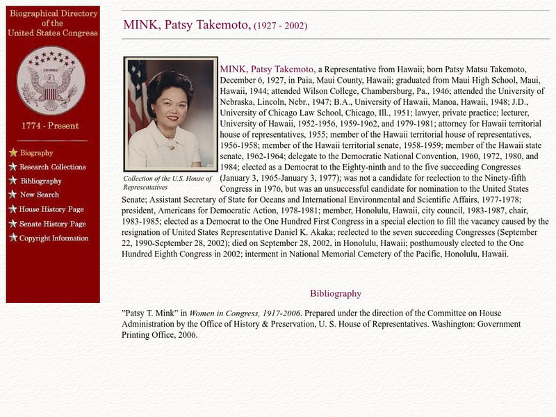 Loc: Biographical Directory of the u.s. Congress: Patsy Takemoto Mink Handout