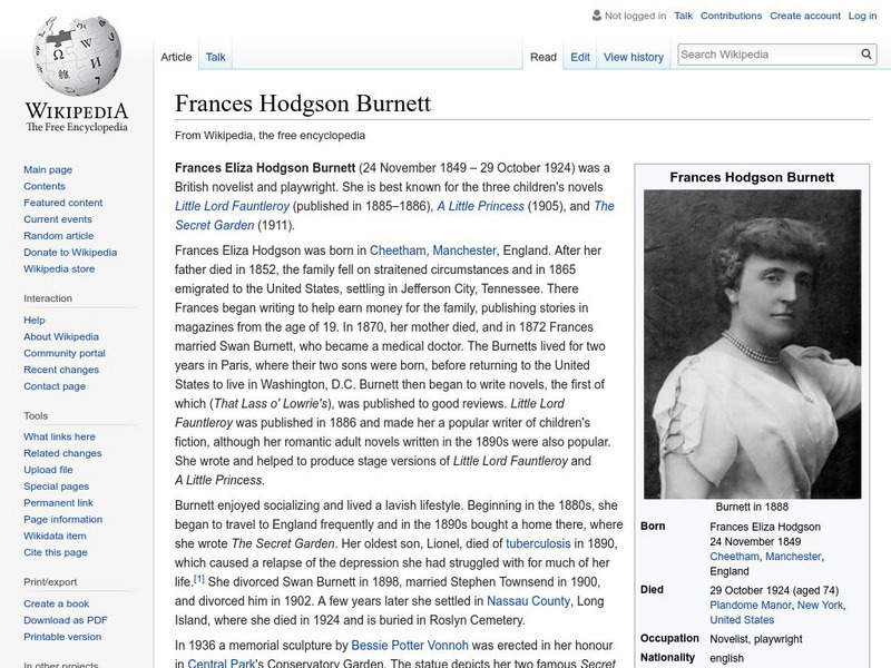 Wikipedia: Frances Hodgson Burnett Handout Wikipedia: Frances Hodgson Burnett Handout