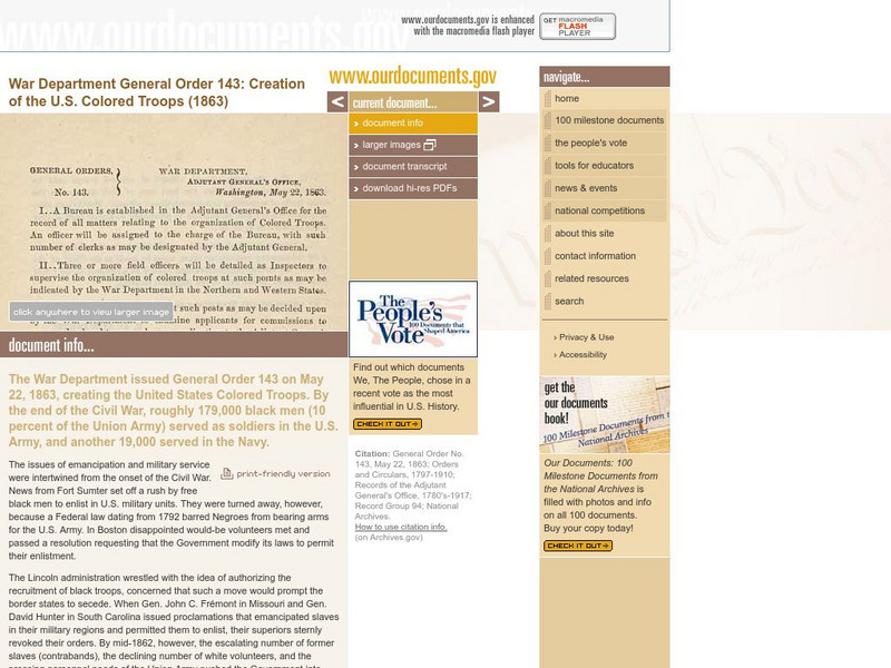 Our Documents: War Dept General Order 143: Creation of Us Colored Troops (1863) Primary Our Documents: War Dept General Order 143: Creation of Us Colored Troops (1863) Primary